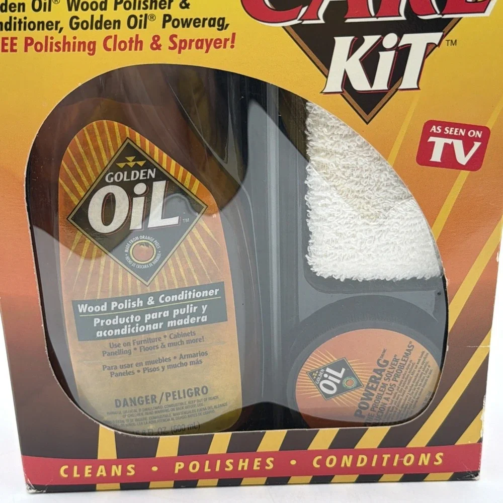 Rare Golden Oil Wood Care Kit Polisher & Conditioner Power Rag As Seen On TV
